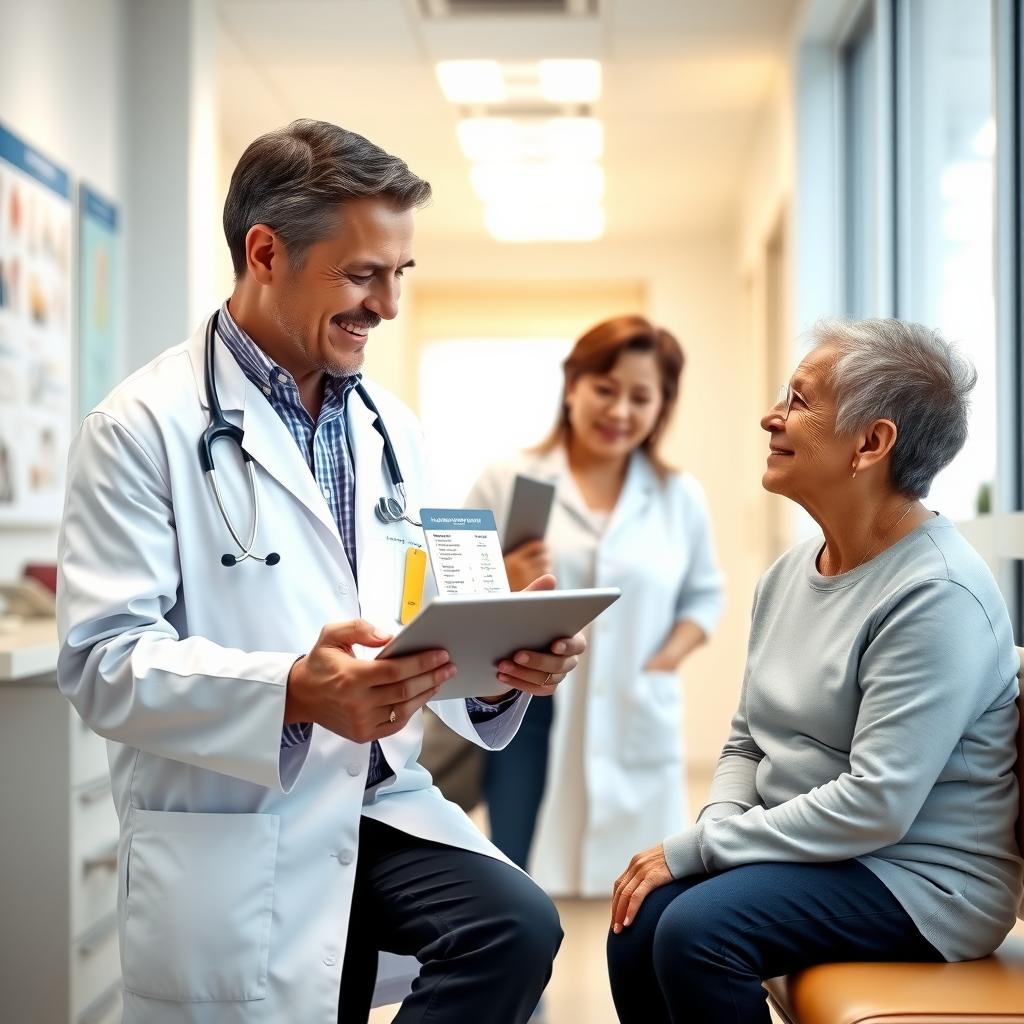 Doctor discussing allergen immunotherapy with a patient and parent in a modern clinic