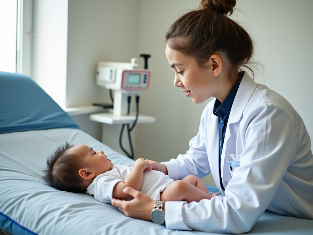 A doctor assessing an infant for symptoms of chronic FPIES.