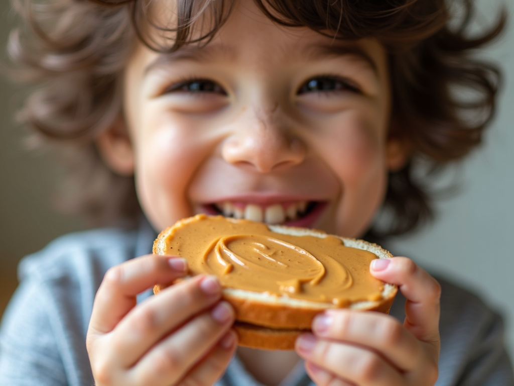 A child enjoying a peanut butter sandwich after immunotherapy