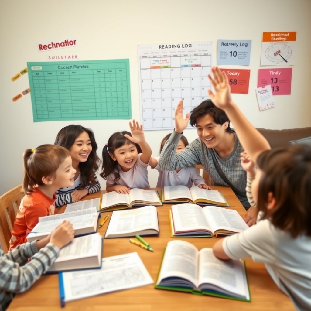 Family celebrating reading achievements together