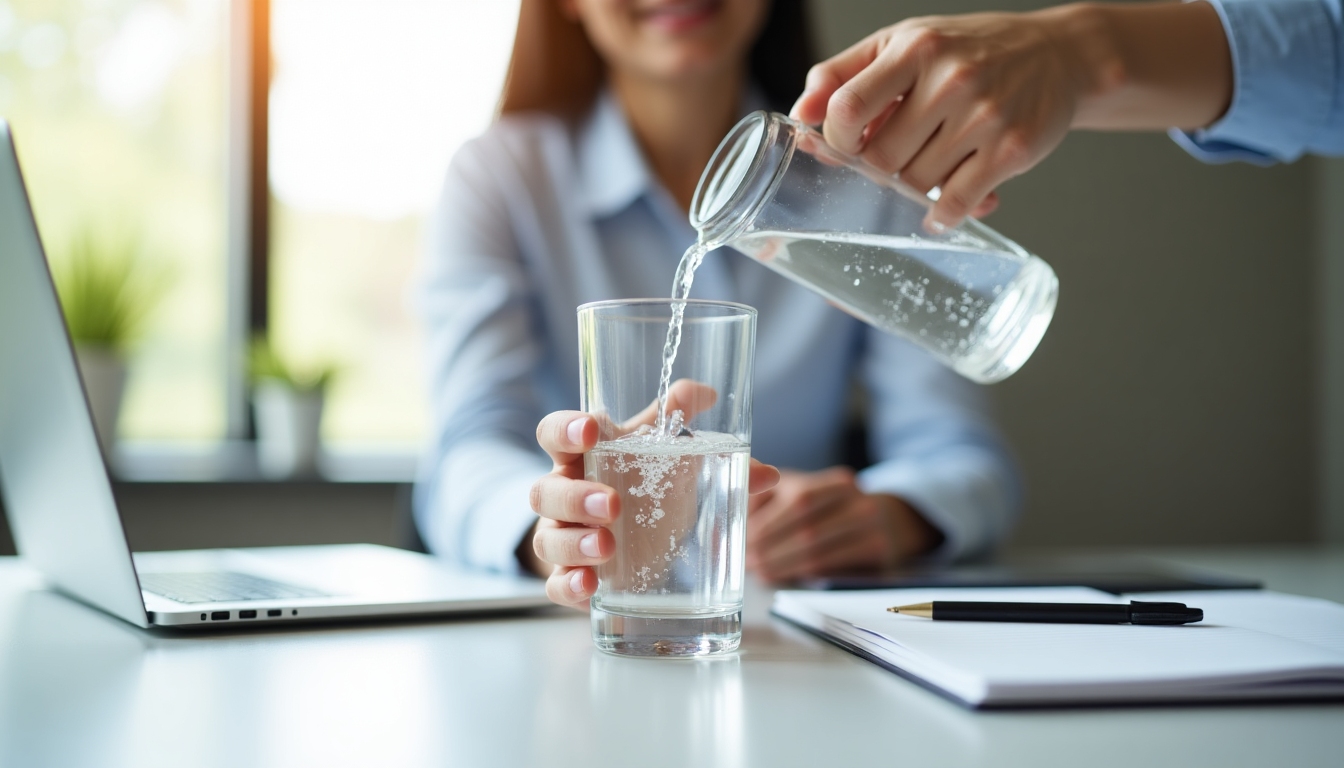 Professional drinking water at desk