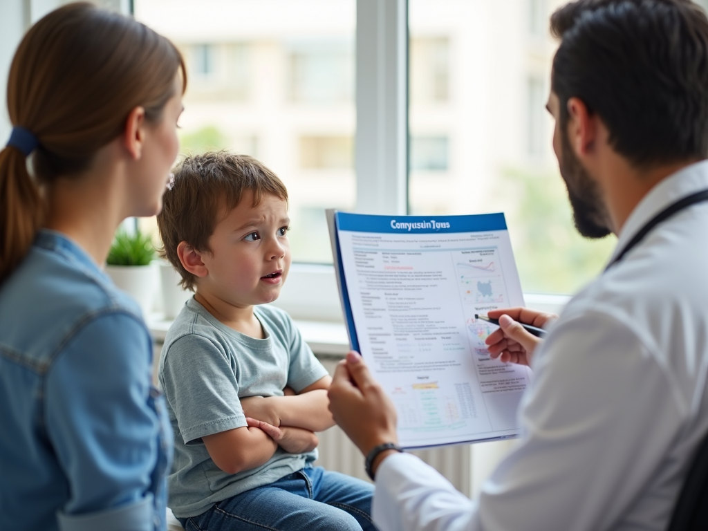 Child and parent consulting with a doctor about food allergies.