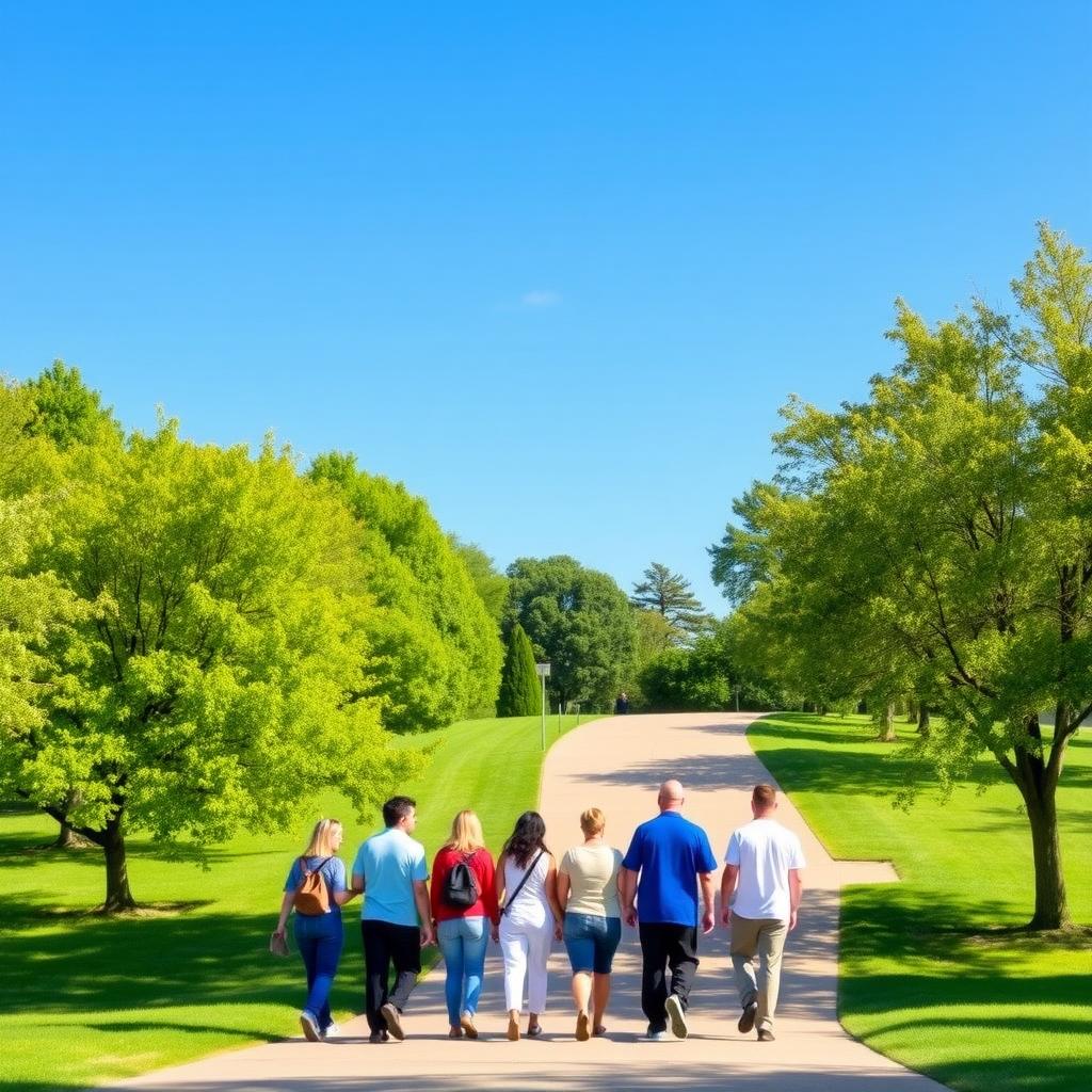 Group of people walking in a sunny park, enjoying a relaxed conversation