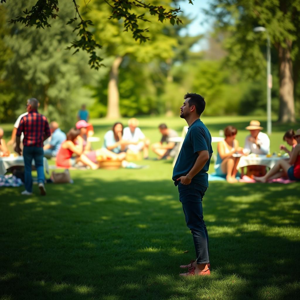 A person stands alone in a park, isolated while others enjoy a lively picnic, reflecting the social challenges of chronic vomiting.