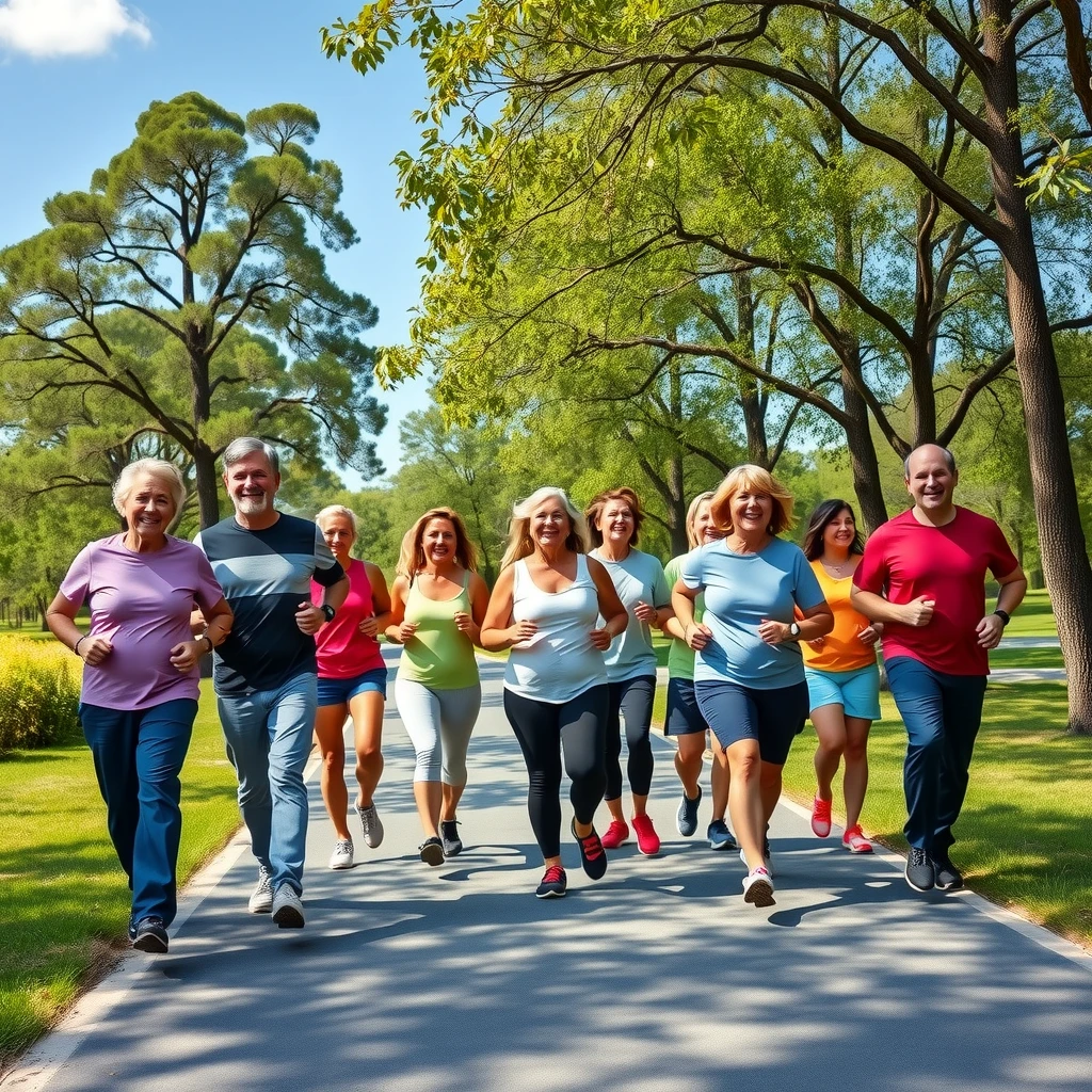 Group of adults enjoying a brisk daily walk in the park