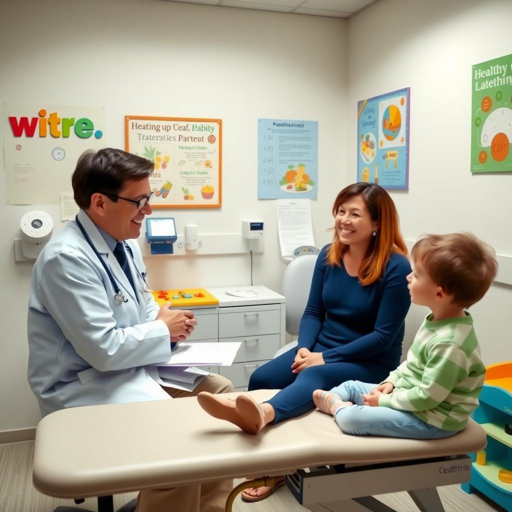 Pediatrician discussing chronic condition management with a parent and child in a warm, welcoming office.