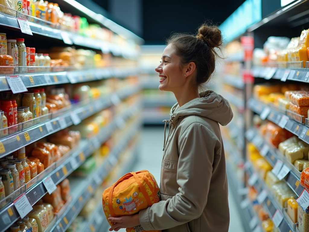Futuristic grocery store with clear allergen labels