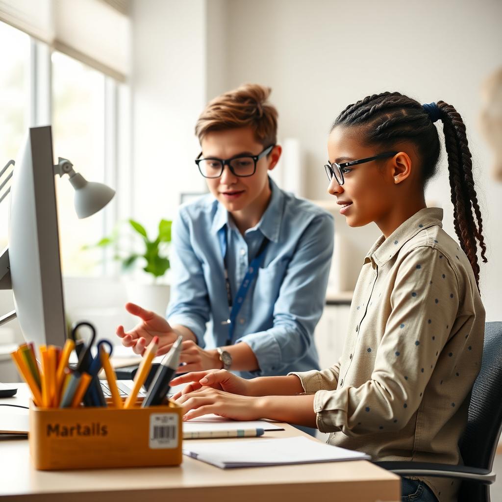 A teenager with autism and an ABA therapist practicing workplace skills in an office.
