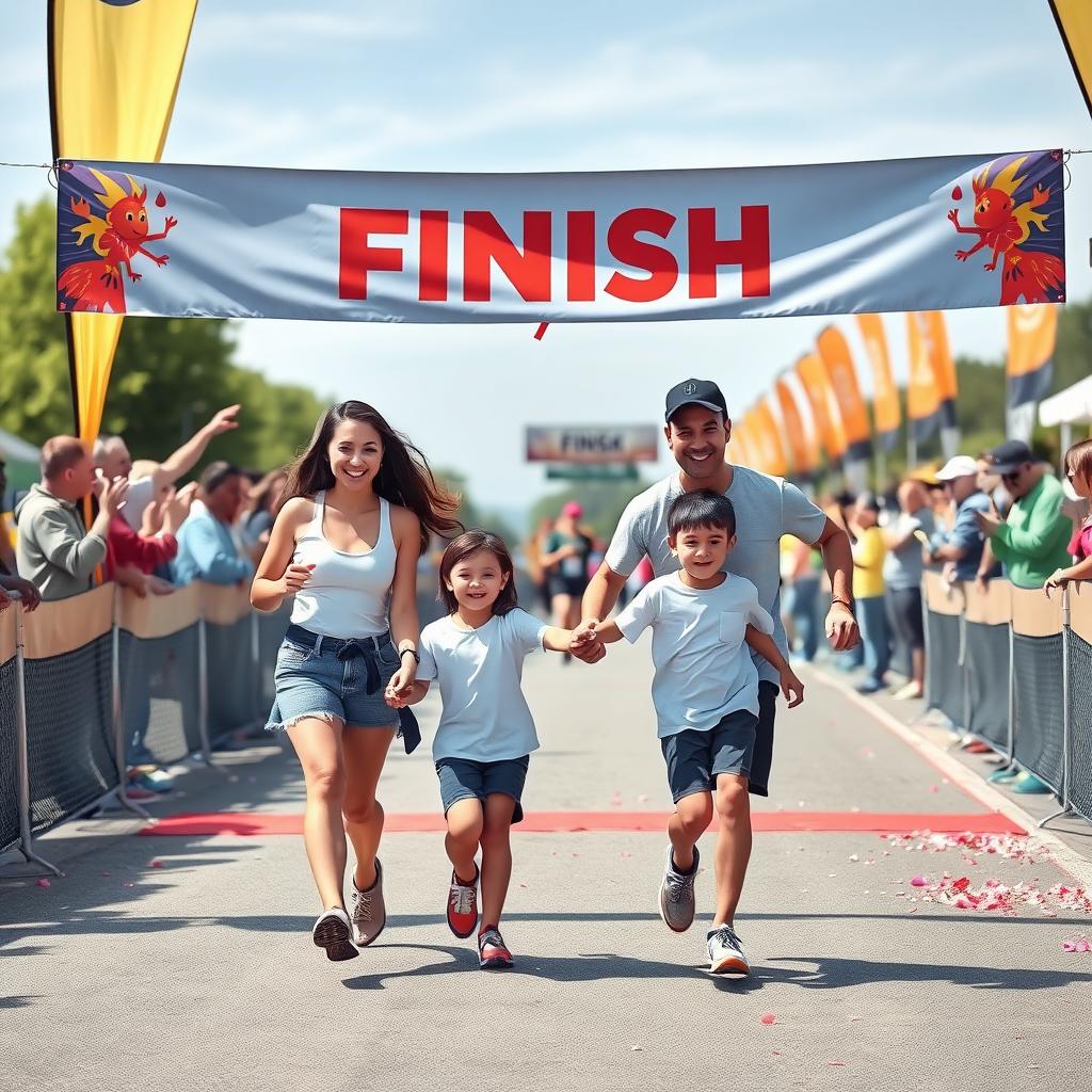 A family of four holds hands and smiles as they cross the finish line of a fun run, with confetti and cheering spectators in the background.