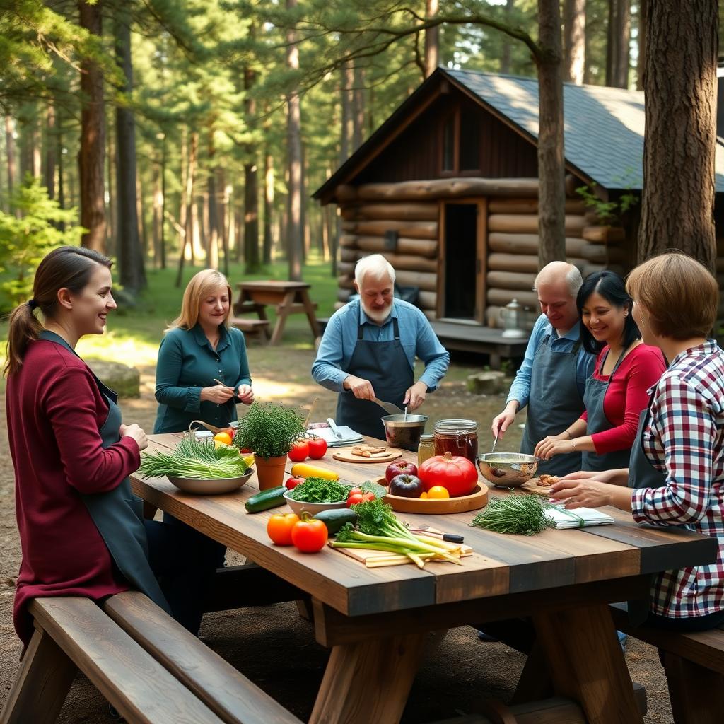 A family of six in a forest clearing, preparing food at a wooden table during a cooking class.