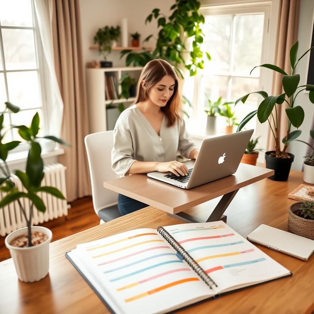 Woman working at a standing desk in a cozy, organized home office