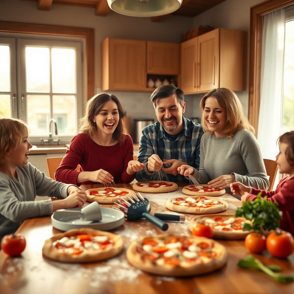 A family of four laughing and making homemade pizzas at a kitchen table filled with colorful ingredients.