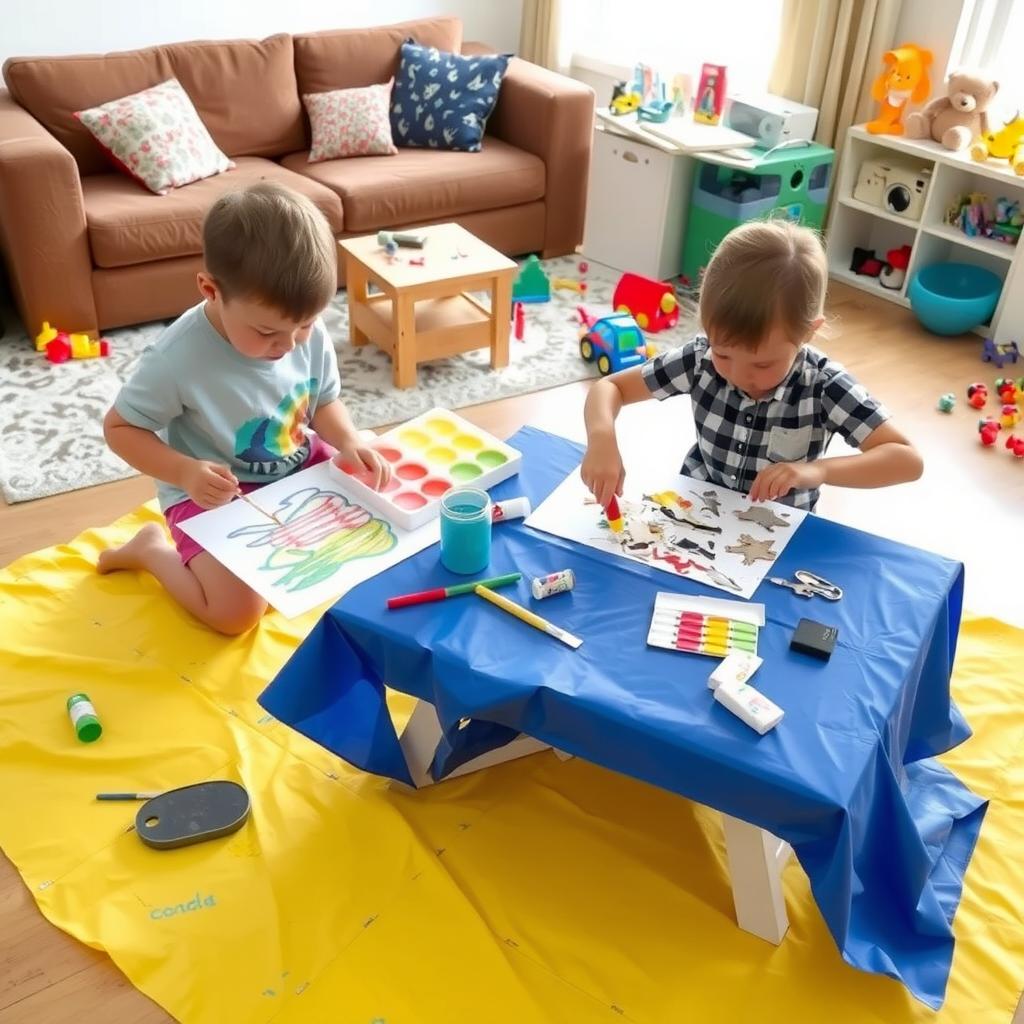 Two children creating art projects in a colorful living room