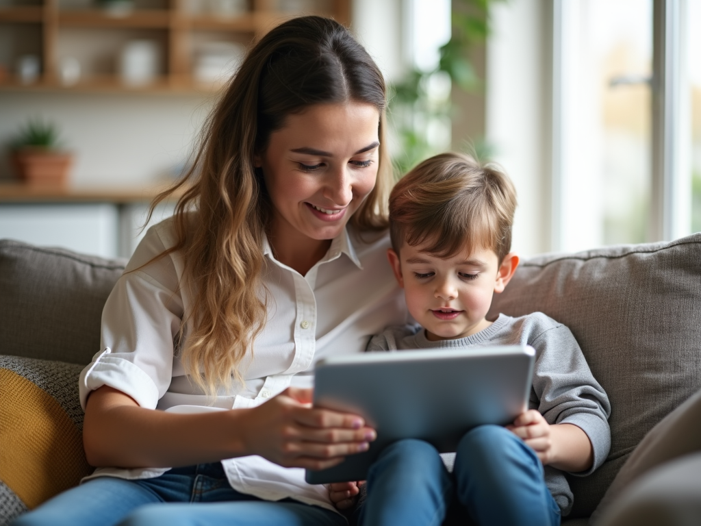 Parent and child using tech mindfully, engaged in a shared moment.