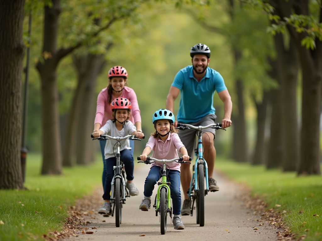 A family biking together on a scenic trail.