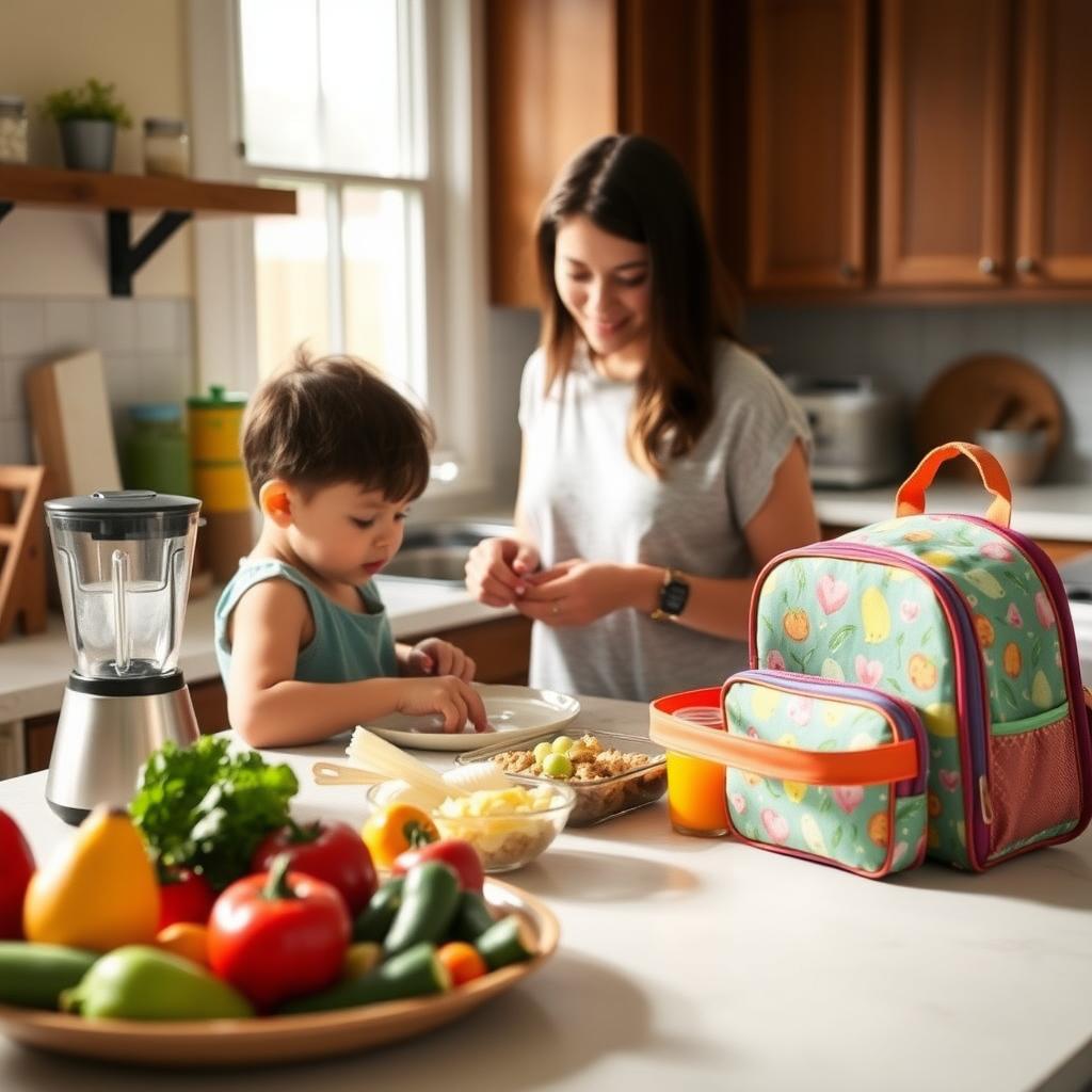 A parent preparing a safe FPIES meal in a bright family kitchen.