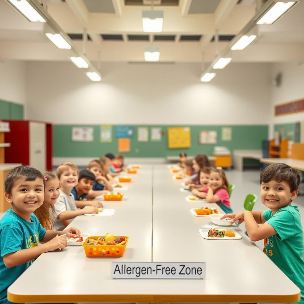 A school cafeteria with kids at an allergen-free table.