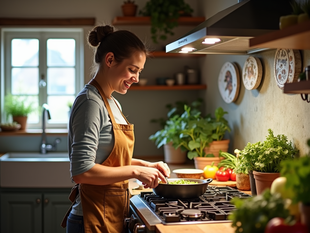 Person happily meal prepping in a kitchen.