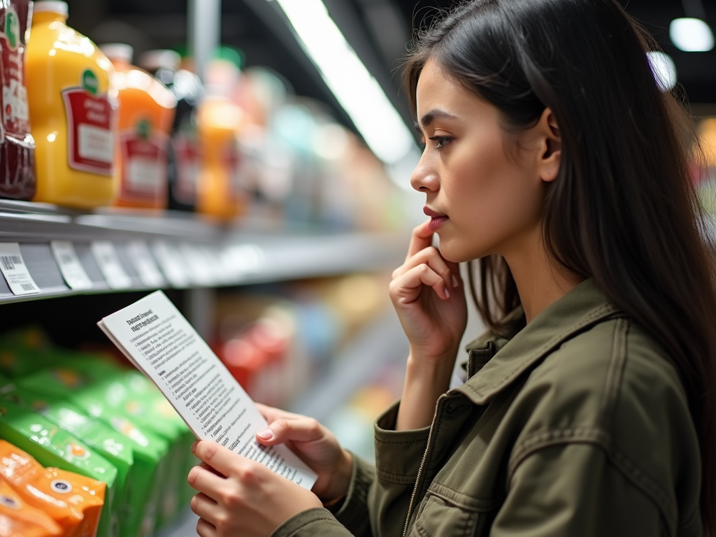 Person reading food label in grocery store.