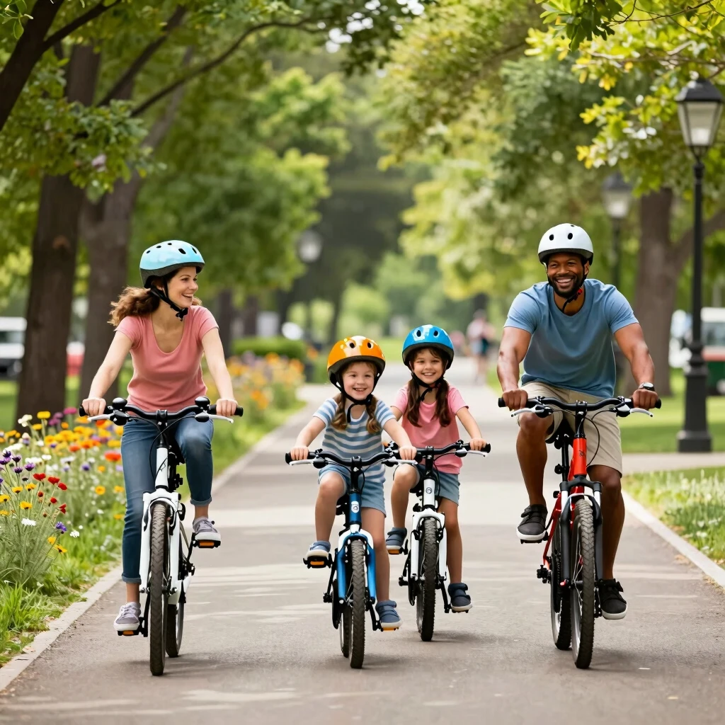 Happy family biking together on a scenic park trail