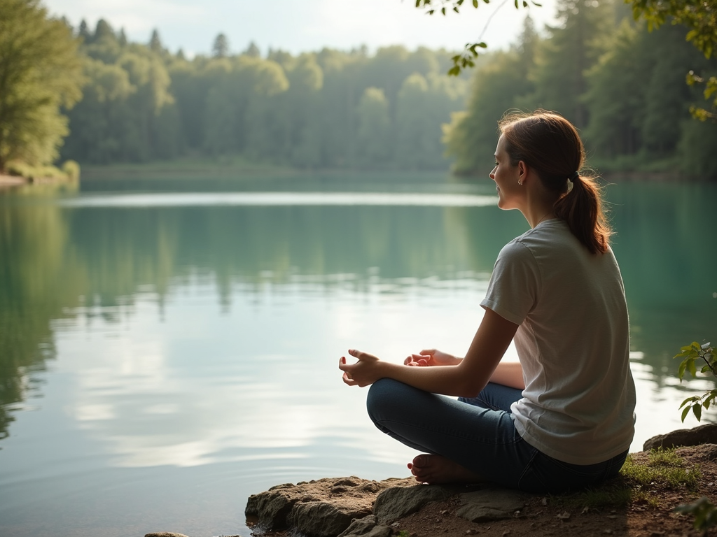 Person reflecting by a lake, embodying acceptance in ACT
