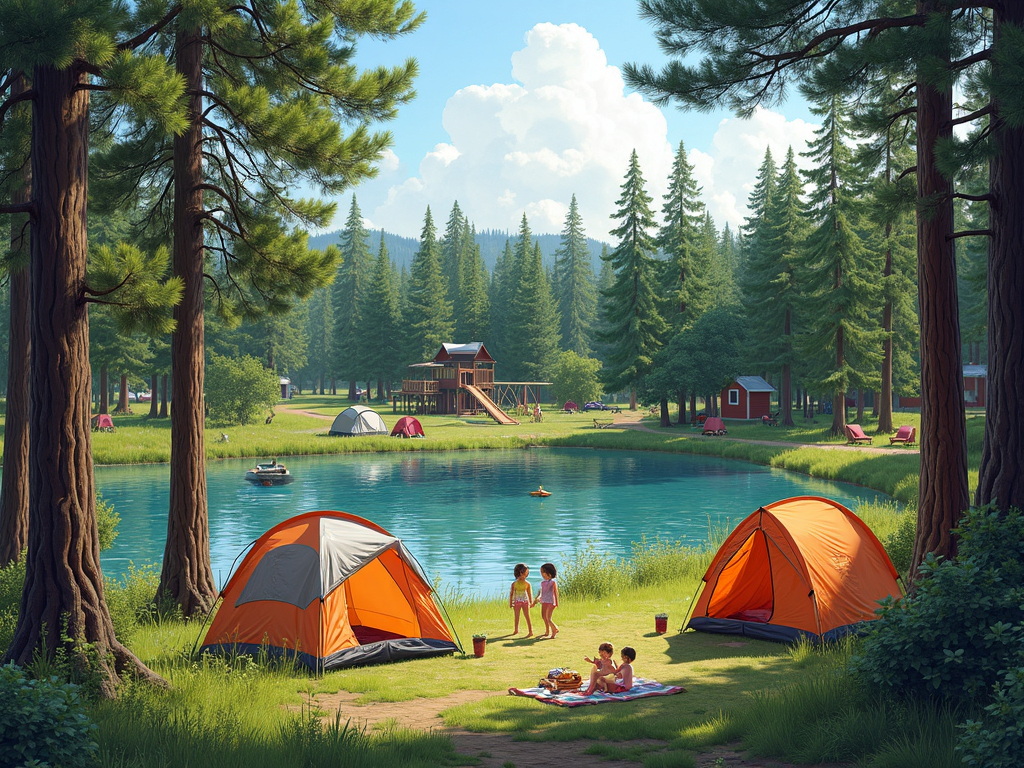 A family-friendly campground with tents, a lake, and a playground.