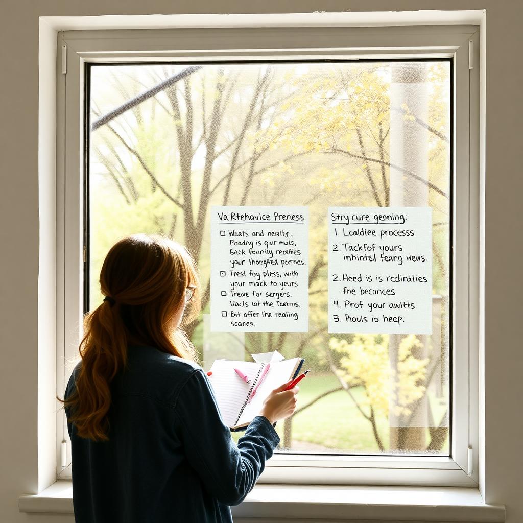 A serene image of a person sitting by a window, journaling in a notebook with a cup of tea nearby. The scene is calm and inviting, suggesting a moment of reflection and planning.