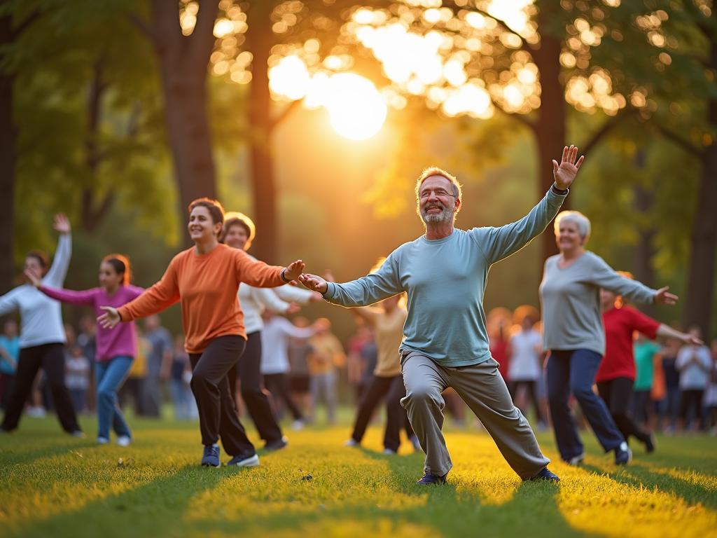 Community Tai Chi class in a park at sunrise