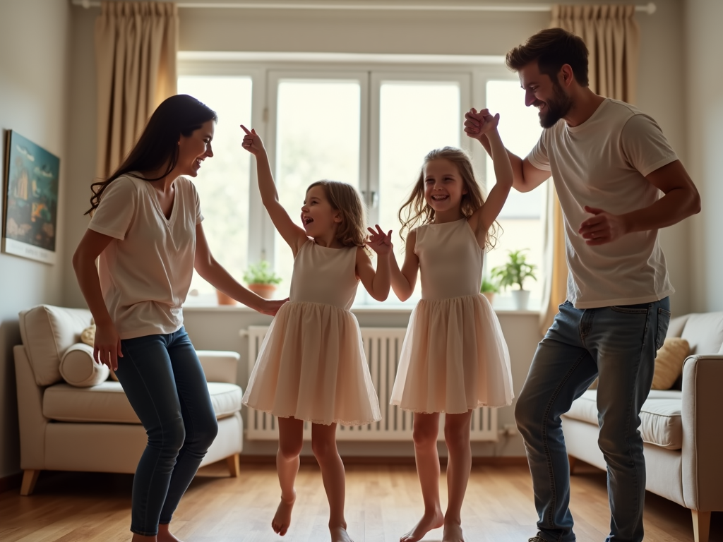 Family enjoying a dance party at home
