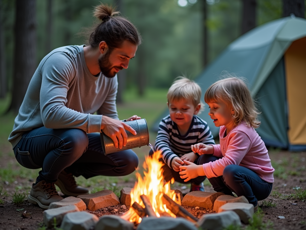 Parent teaching children about campfire safety.