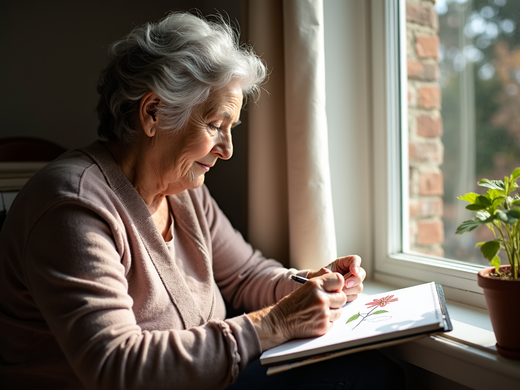 Woman sketching by a window