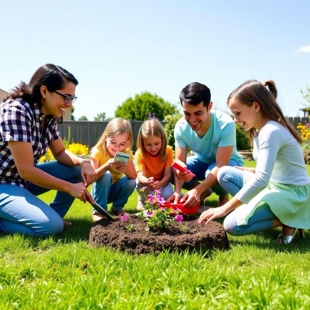 A family of four plants seeds in a vibrant backyard garden, smiling and working together on a sunny day.