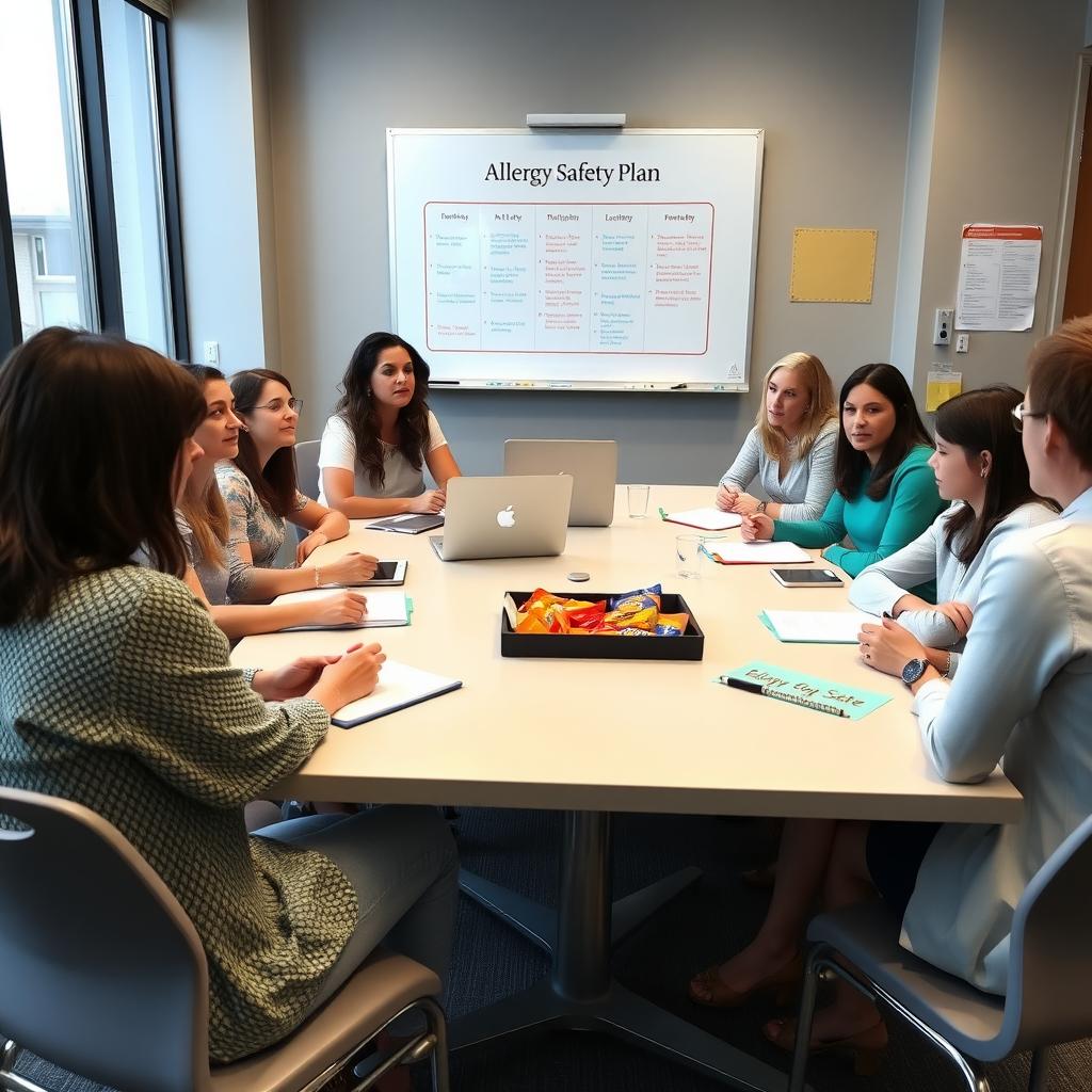 Teachers and parents collaborating in a meeting about allergy safety in school.