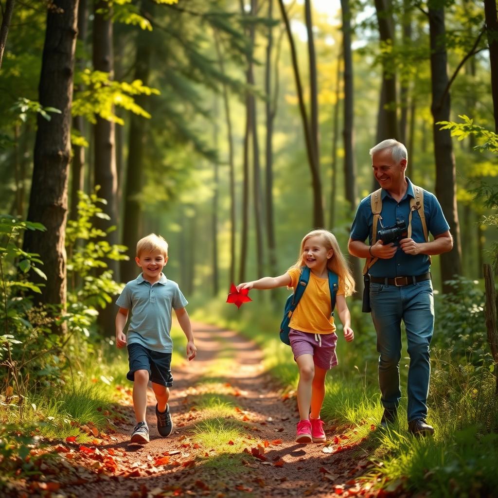 A family of four joyfully explores a forest trail, pointing at a red leaf during a nature treasure hunt.