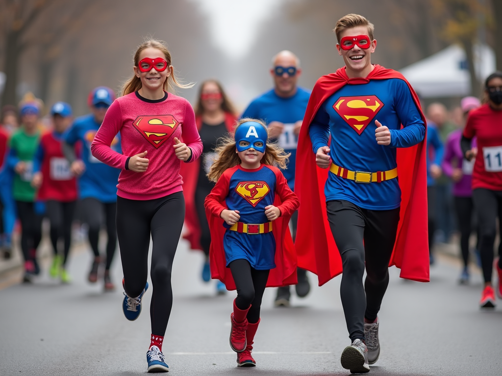 Family in superhero costumes running a 5K race