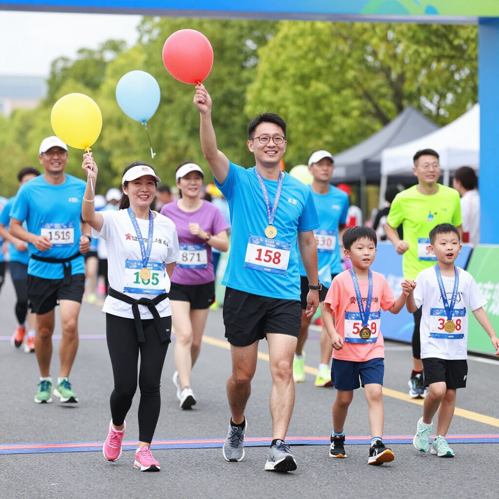 Smiling participants at the finish line of a family 5K