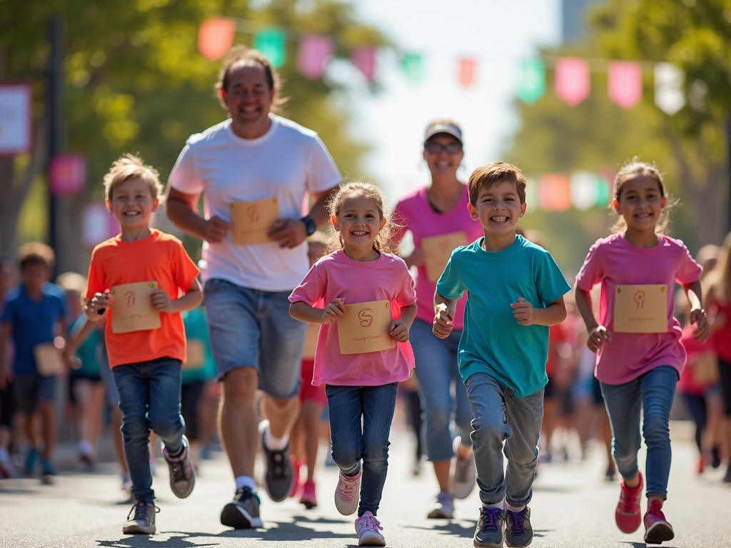 Families enjoying a 5K race together, highlighting the fun and excitement of the event.