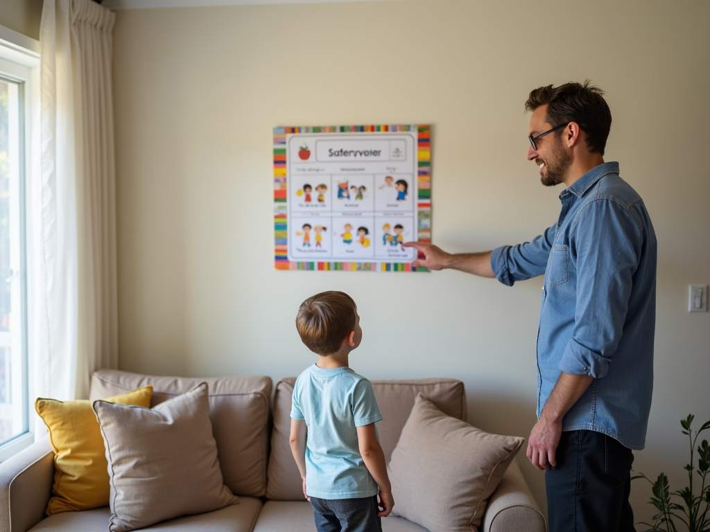 Parent using visual aids for child.