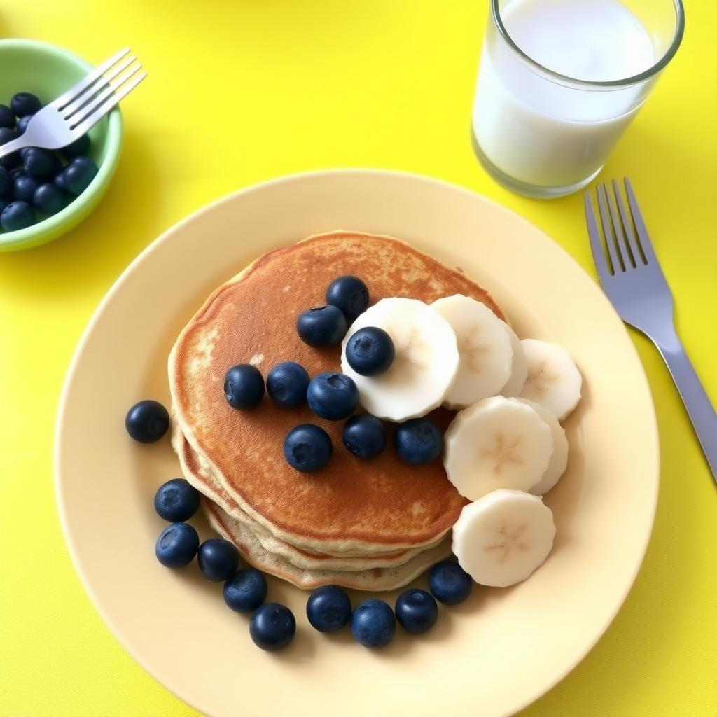 A vibrant breakfast plate featuring allergy-friendly oat flour pancakes topped with blueberries and bananas, paired with almond milk on a cheerful yellow tablecloth.