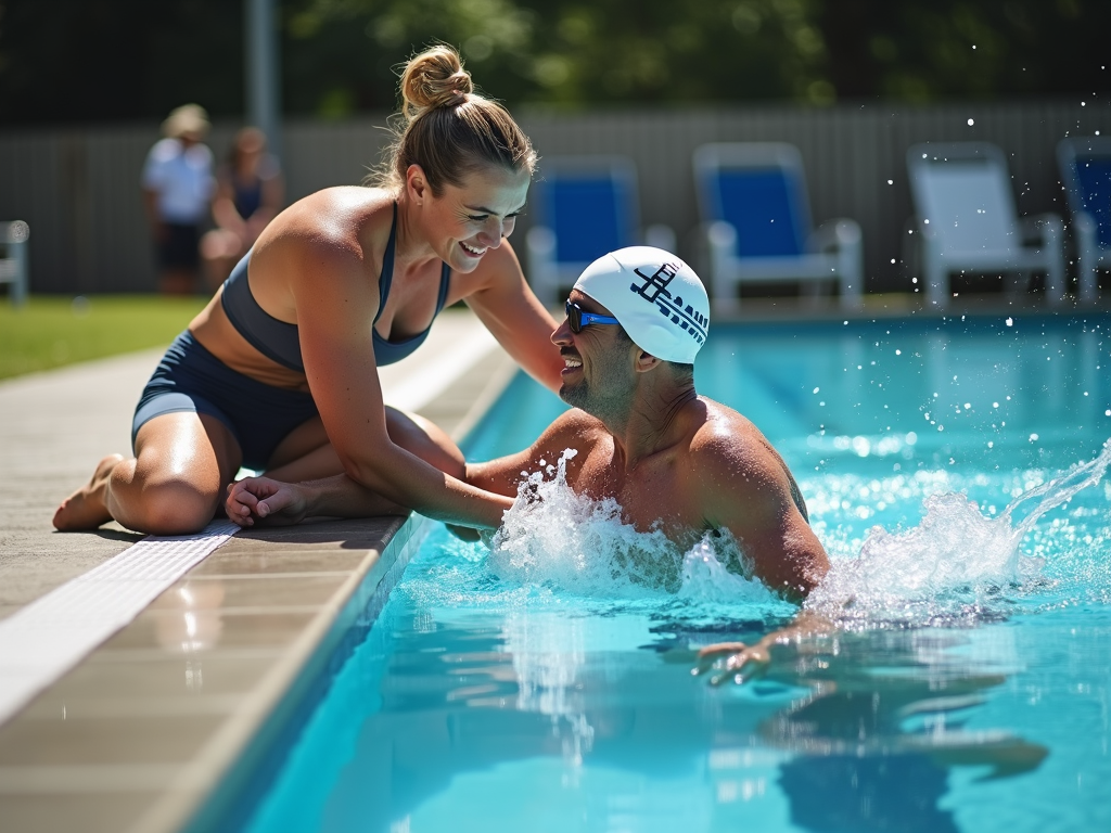 Coach teaching a senior the breaststroke.