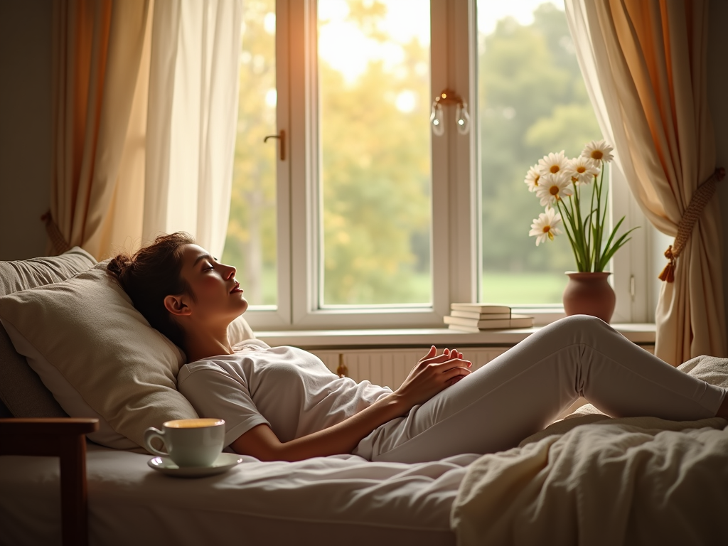A person resting in a cozy room with a book and tea, representing self-care for chronic fatigue.