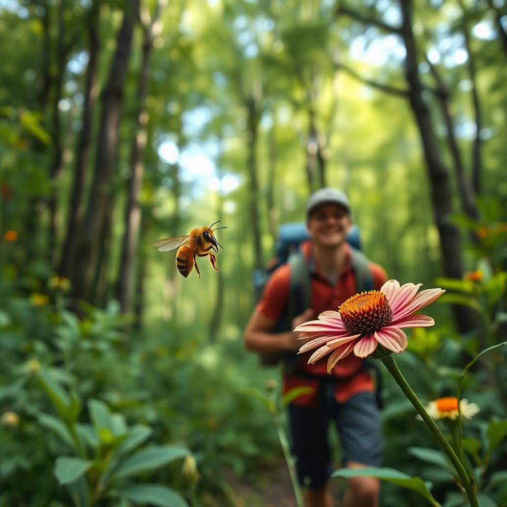 Confident hiker in a forest with a bee nearby