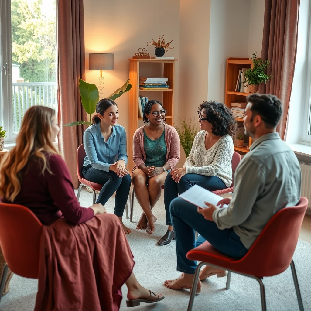 Group therapy session practicing Acceptance and Commitment Therapy