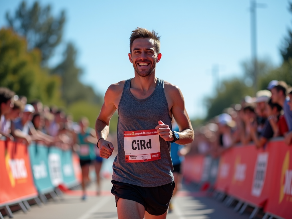 Runner celebrating at the finish line of a 5K race.