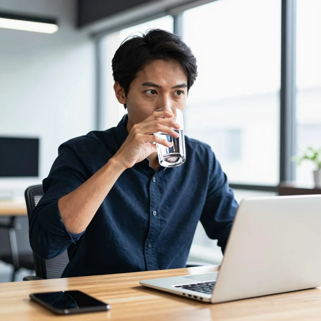 Energized worker at desk staying hydrated