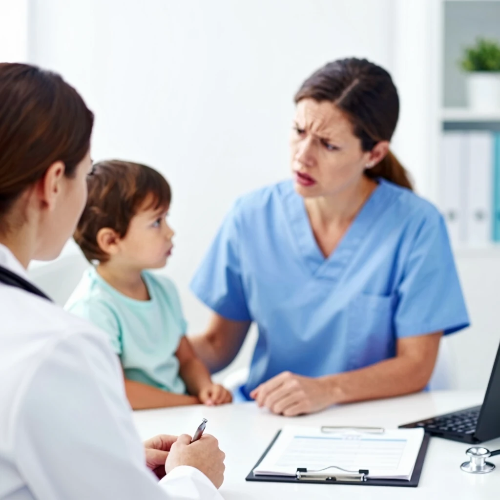 Parent and child discussing symptoms with a doctor