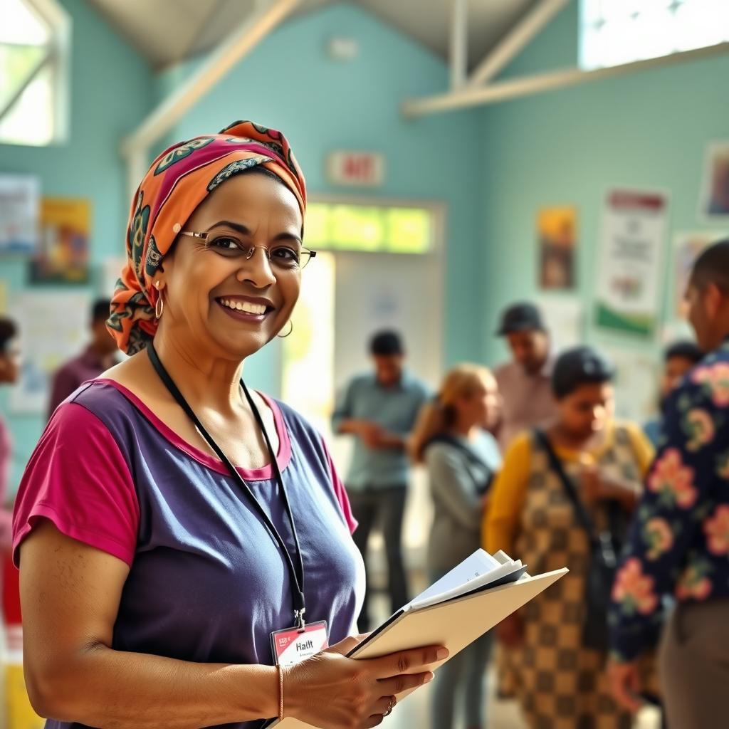 A community health worker engages with a group in a community center.