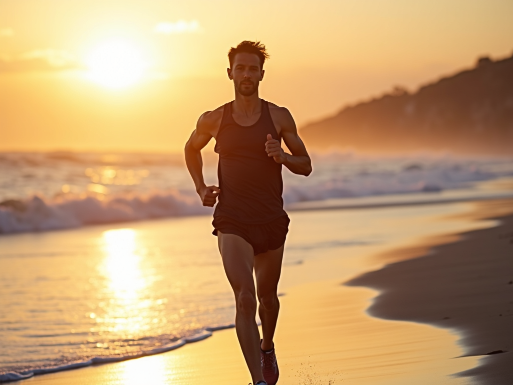 Runner finding peace during a sunrise beach run.
