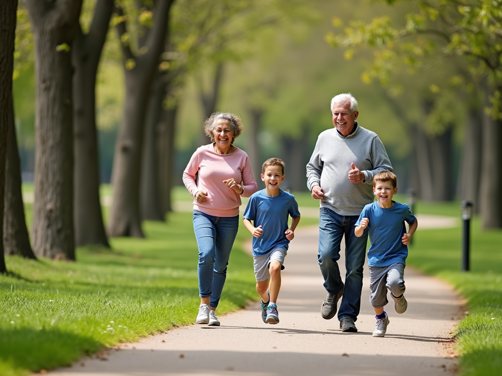 A multi-age family staying active in a park, each doing their own thing.