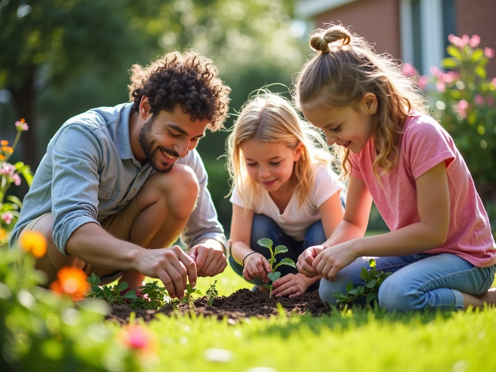 A family enjoying gardening together in their backyard